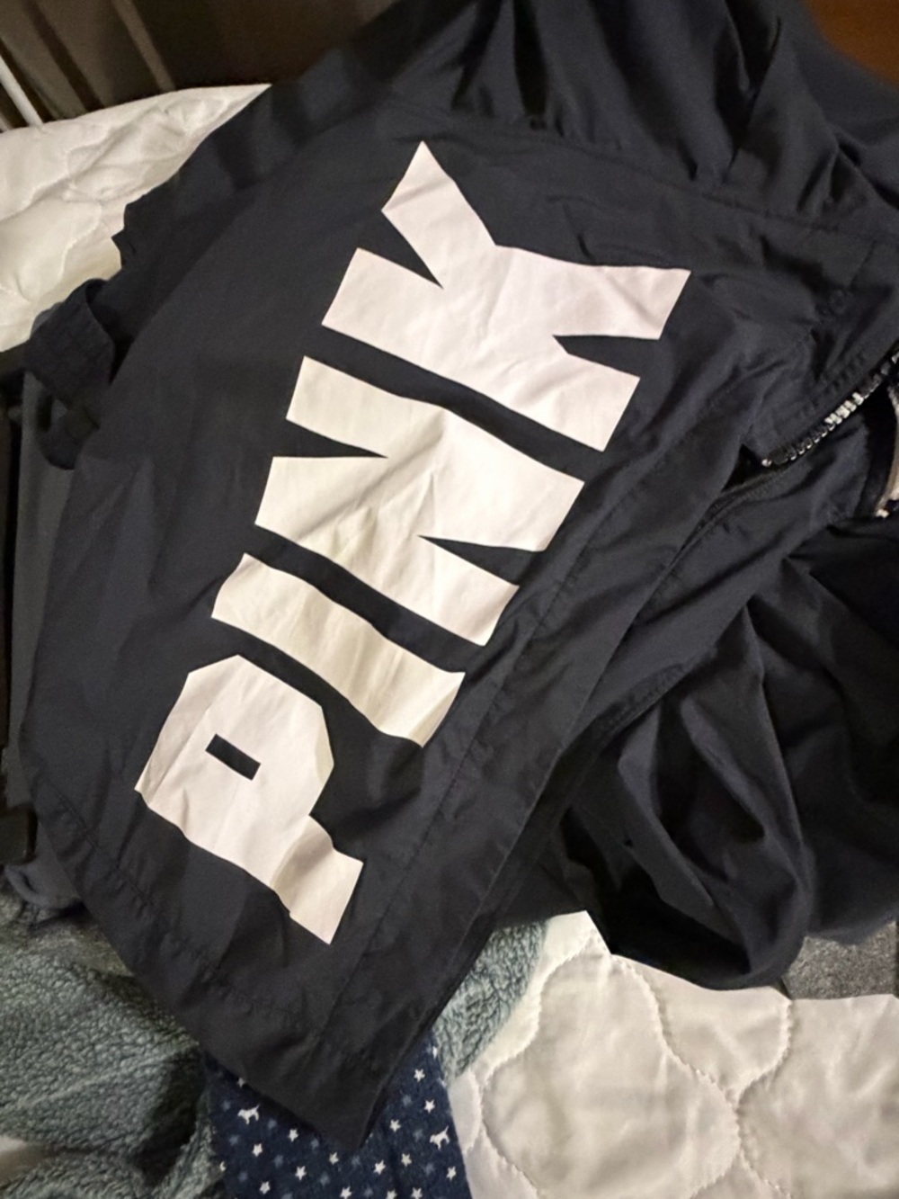 PINK Victoria's Secret black windbreaker Jacket with White logo down back